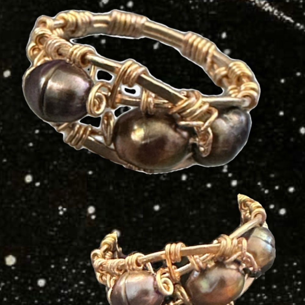 Intricately Designed 
Freshwater Pearls and Sculpted Bronze Women's Ring